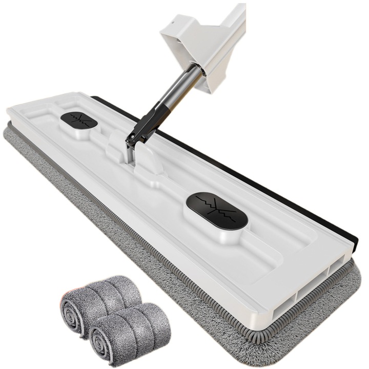 Set mop si galeata, Enforose, mop plat mare, 2 pad-uri din microfibra lavabile, rotire 360°, utilizare umeda si uscata, curatare pentru toate tipurile de podele si feronerie.