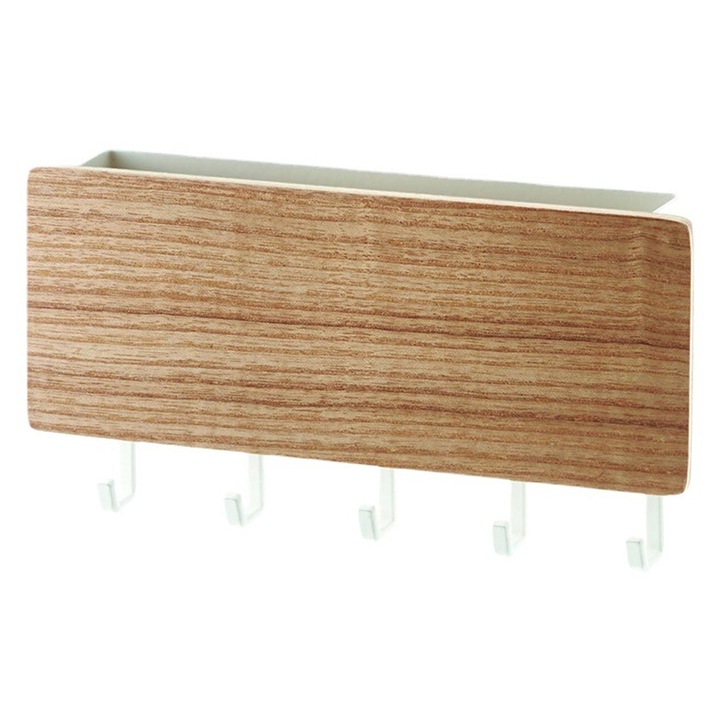 Suport chei multifunctional Enforose din lemn cu 5 carlige, montare fara perforare, culoare naturala