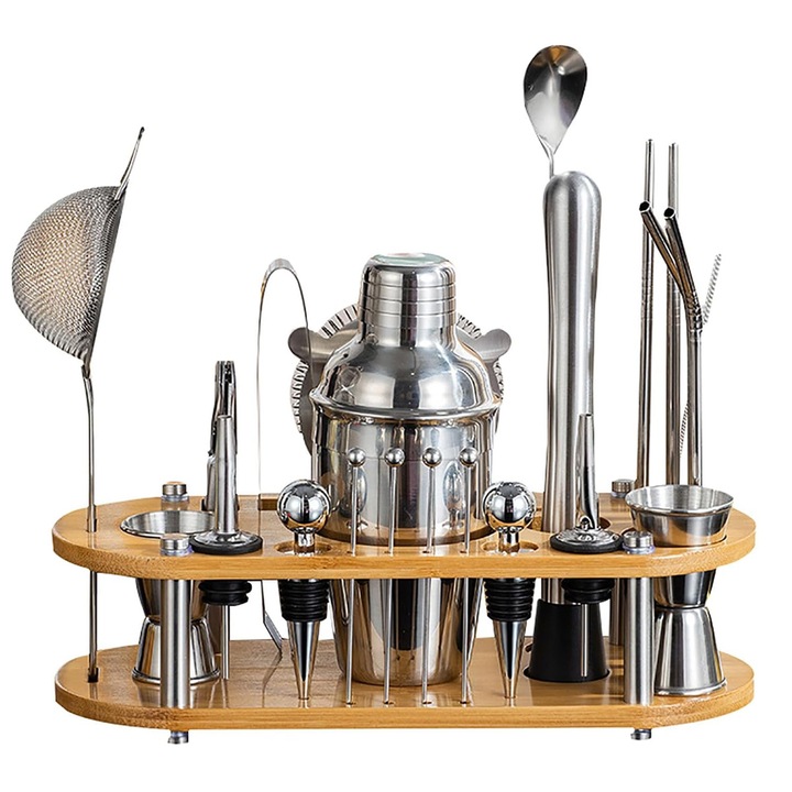 23 darabos bárfelszerelés-készlet, rozsdamentes acél bártender készlet, bemutató állvány, otthoni és báreszközök
