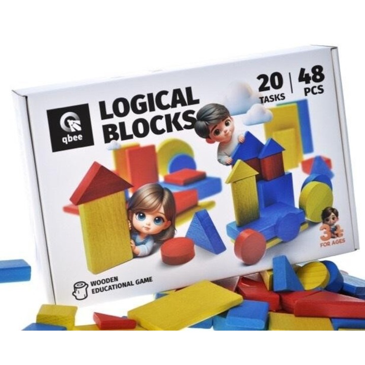 Set blocuri din lemn Qbee, 48 figurine, 20 sarcini, multicolor