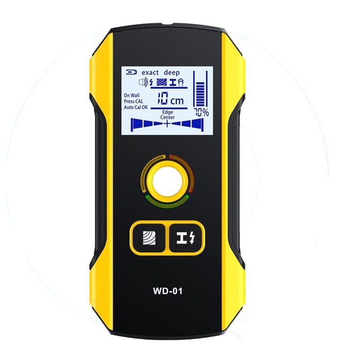 Detector Digital Localizare Cabluri Lemn Tevi in Perete WD-01, Rqiurpn, Adancime detectare 120mm, Afisaj LCD, Baterie Li-ion 300 mAh, proiectat pentru detectie de metale (fier, cupru, aluminiu, etc.), tevi, cabluri, lemn, etc, Negru/Galben