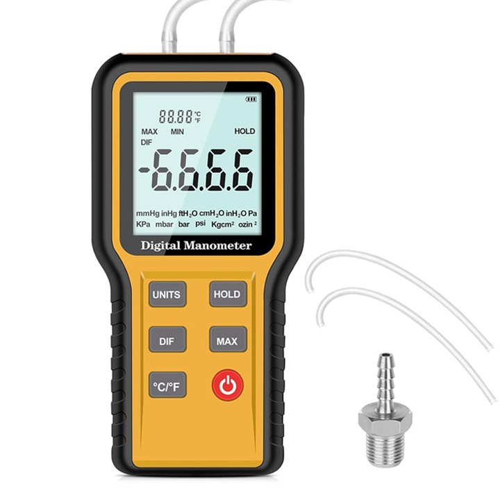 Manometru digital profesional, Rqiurpn, portabil pentru vid aer/gaz 12 unitati potrivit, masurare presiune aer, display LCD, Multicolor