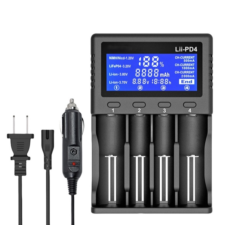 Incarcator inteligent 4 sloturi, Rqiurpn, cu display LCD, pentru baterii 18650, 26650, 20700, 18350, 17670, 17500, 16340, 14500, AA, AAA, SC, C, Negru