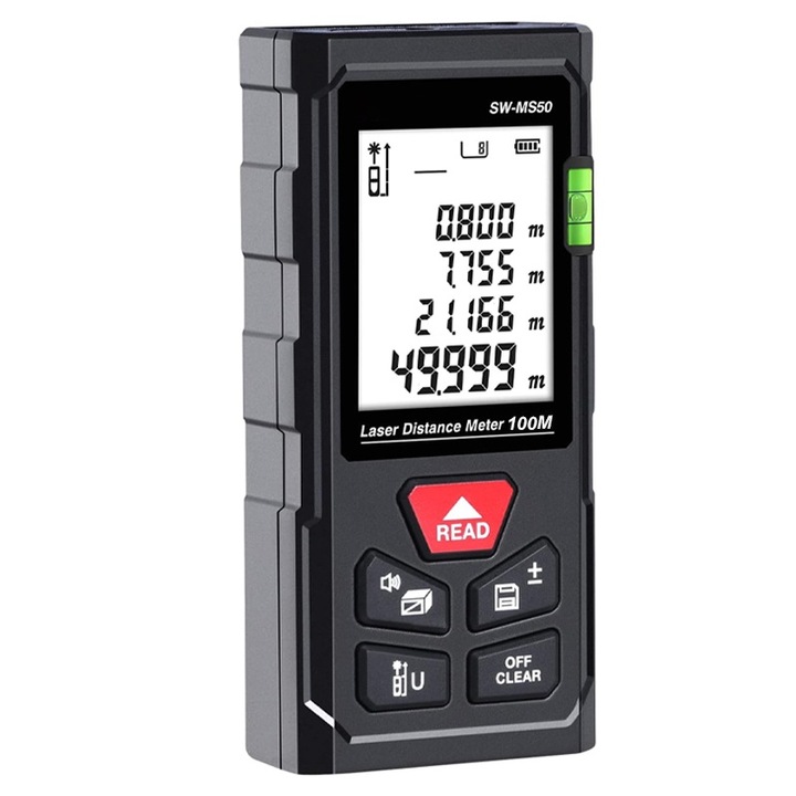 Лазерен далекомер Rqiurpn, 100 м, 3 мм точност, множество функции, с балонно ниво, осветен LCD