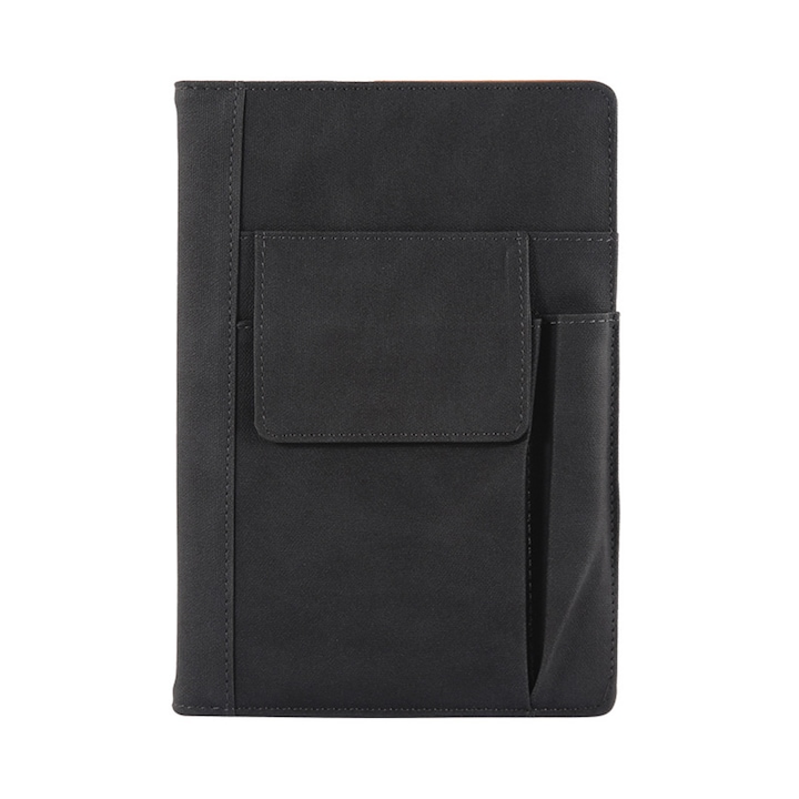 Agenda tip portofoliu, cu buzunar frontal pentru telefon, coperta antracit, caiet A5, 200 de pagini, TOIITKQ, Negru