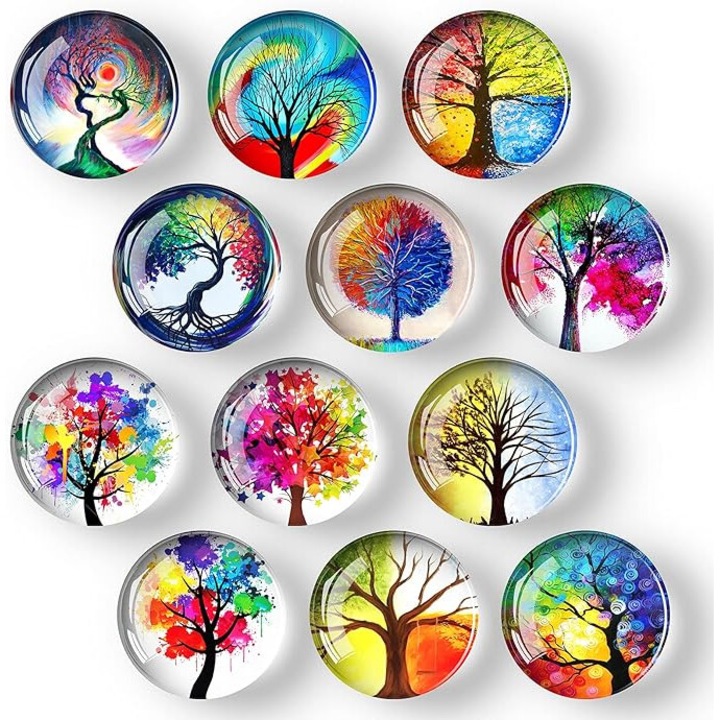 Set 12 magneti decorativi din sticla, forma rotunda, pentru frigider, diverse modele, 1.2 inch