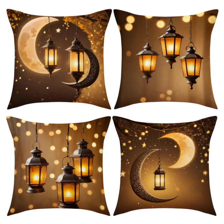 Set de 4 huse de perna decorative, Enforose, design lunar si lanterna, 45x45cm, tematic Ramadan