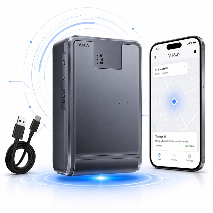 GPS Tracker Auto Vala Tech®️, 4G+2G, Baterie 20000mAh, Stand-By 120 de Zile, Anti-Furt, Magnetic, Precizie 10M, Localizare in Timp Real, Retea GSM/GPRS, Istoric Traseu, Localizare Animale/Obiecte/Masini/Camioane/Flota, Portabil