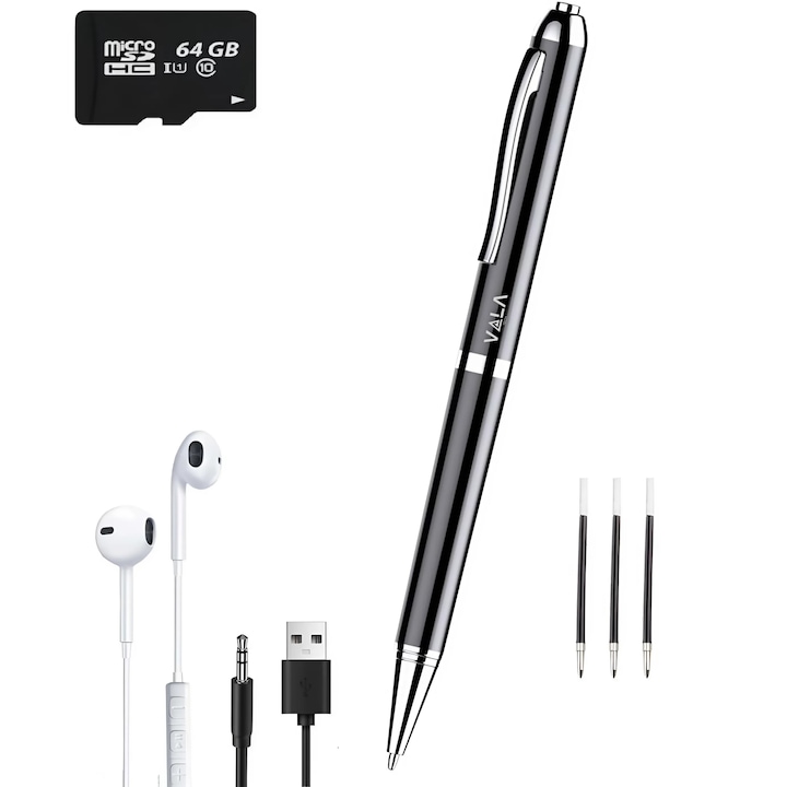 Kém hangrögzítő beépített toll, 64 GB, Vala Tech, 400 óra tárolás, Zajcsökkentés, Időbélyeg, Hangaktiválás, OTG csatlakozás, MP3 lejátszás, U-Disk funkció, Egyidejű írás/rögzítés, iOS/Android kompatibilis, AJÁNDÉK fejhallgató , Spy Device