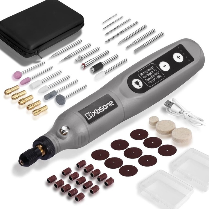 Set scule multifunctionale, 63 piese, unelte rotative fara fir, 5 viteze, incarcare USB, accesorii pentru slefuire, polizare, gaurire, gravare