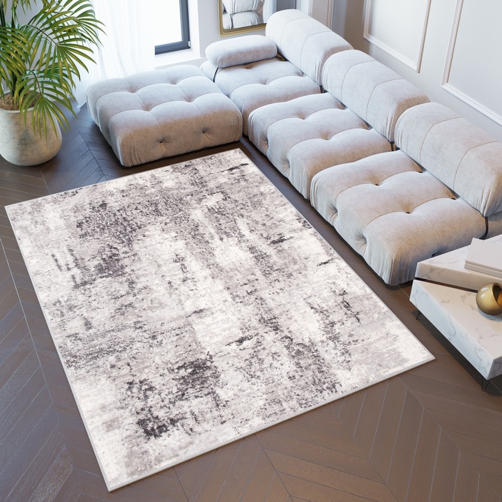Килим, Винтидж стил, 3D ефект, Високо качество, Стандарт 100 OEKO-TEX, 120 x 170 см, Абстрактен, Съвместим с подово отопление, Устойчивост на петна, UV устойчивост, Правоъгълник, Къса нишка, 12 мм, Полипропилен, Син /Кремав/Бял