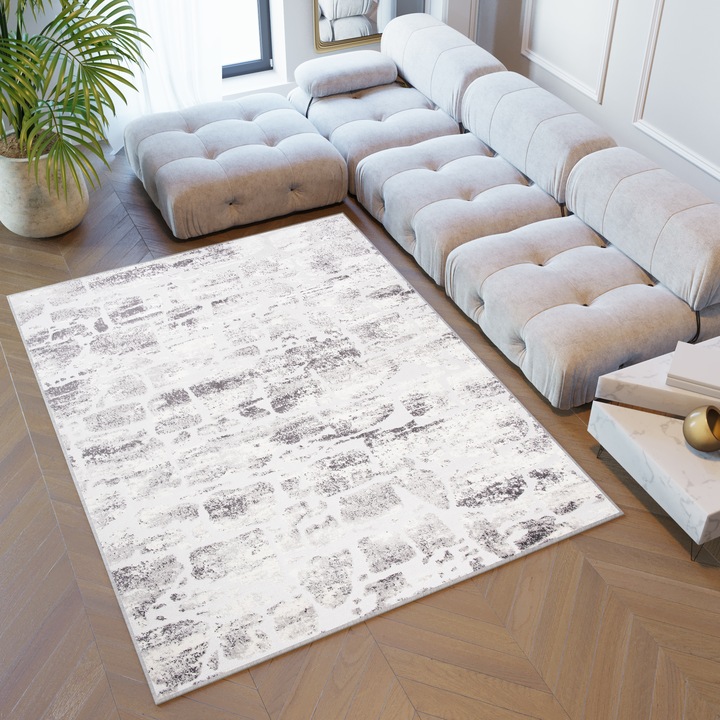 Килим, Tapiso, Sky, Vintage Style, 3D Effect, High Quality, Standard 100 OEKO-TEX, 250 x 350 cm, Abstract, Underfloor Heating Compatible, Stain Resistant, UV Resistant, Rectangle, Short Pile, 12 mm, Polypropylene, Light Grey/Cream/White