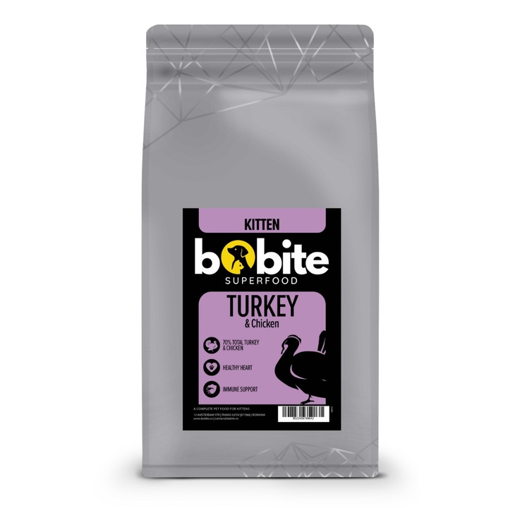 Bobite Superfood Kitten – Curcan si pui, hrana uscata superpremium pisoi fara cereale, 1,5 kg