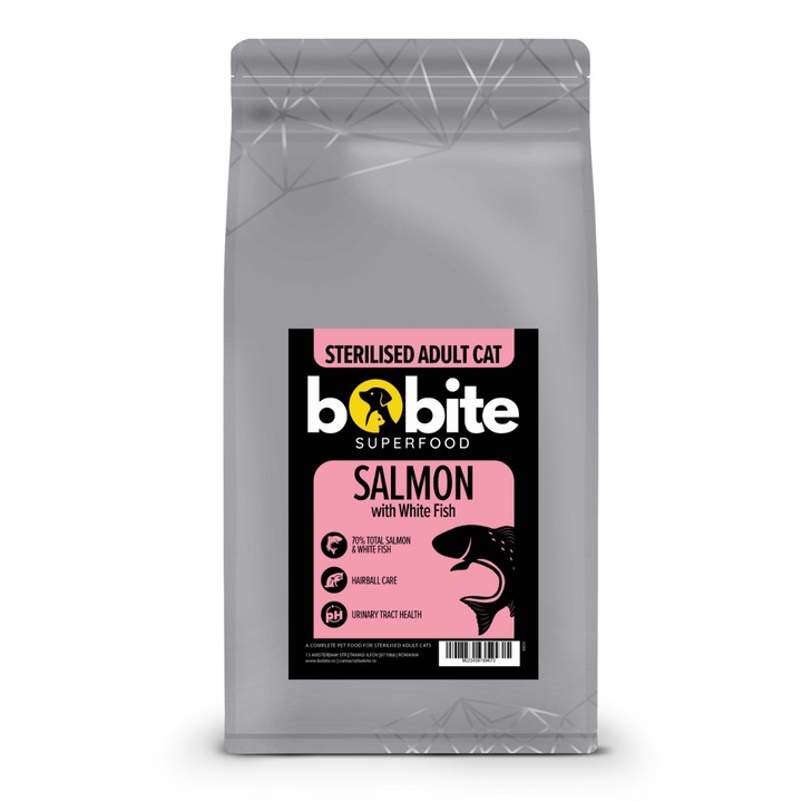 Bobite Superfood Adult Sterilizat – Somon si peste alb, hrana uscata superpremium pisici fara cereale, 1,5 kg