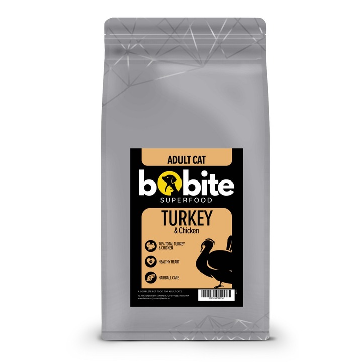 Bobite Superfood Adult – Curcan si pui, hrana uscata superpremium pisici fara cereale, 1,5 kg