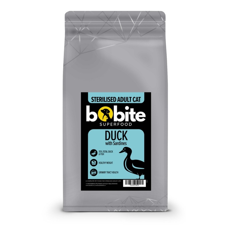 Bobite Superfood Adult Sterilizat – Rata si sardine, hrana uscata superpremium pisici fara cereale, 1,5 kg