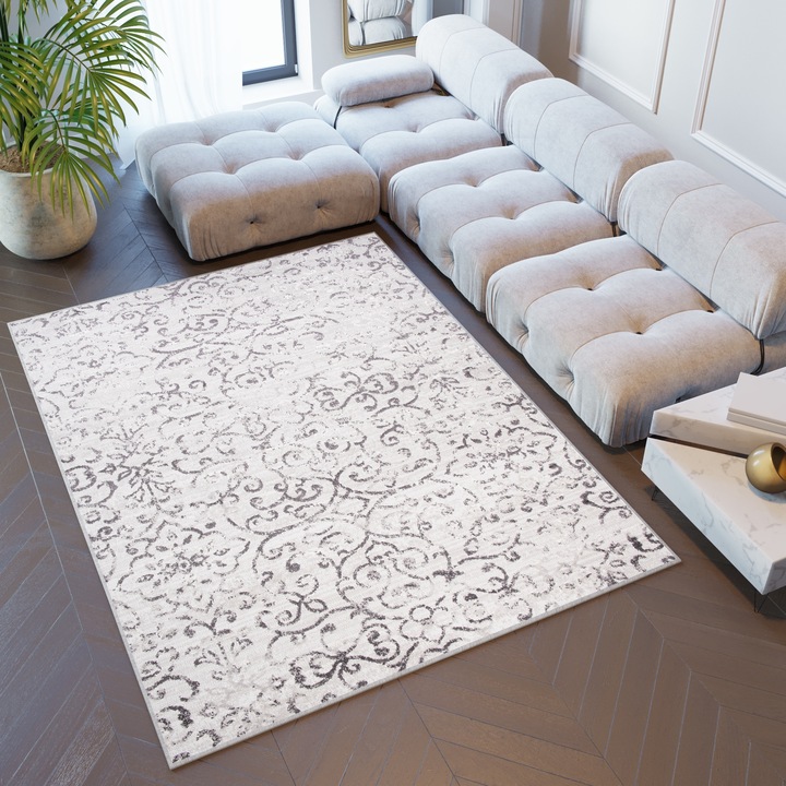 Килим, Tapiso, Sky, Vintage Style, 3D Effect, High Quality, Standard 100 OEKO-TEX, 160 x 220 cm, Floral, Underfloor Heating Compatible, Stain Resistant, UV Resistant, Rectangle, Short Pile, 12 mm, Polypropylene, Grey/White