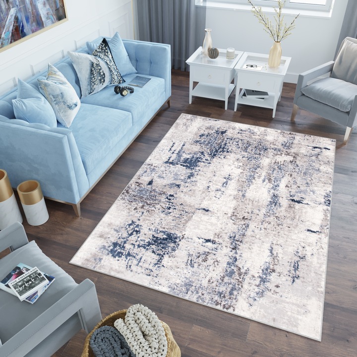 Килим, Винтидж стил, 3D ефект, Високо качество, Стандарт 100 OEKO-TEX, 200 x 300 см, Абстрактен, Съвместим с подово отопление, Устойчивост на петна, UV устойчивост, Правоъгълник, Къса нишка, 12 мм, Полипропилен, Тъмносиньо/бежово/кремаво