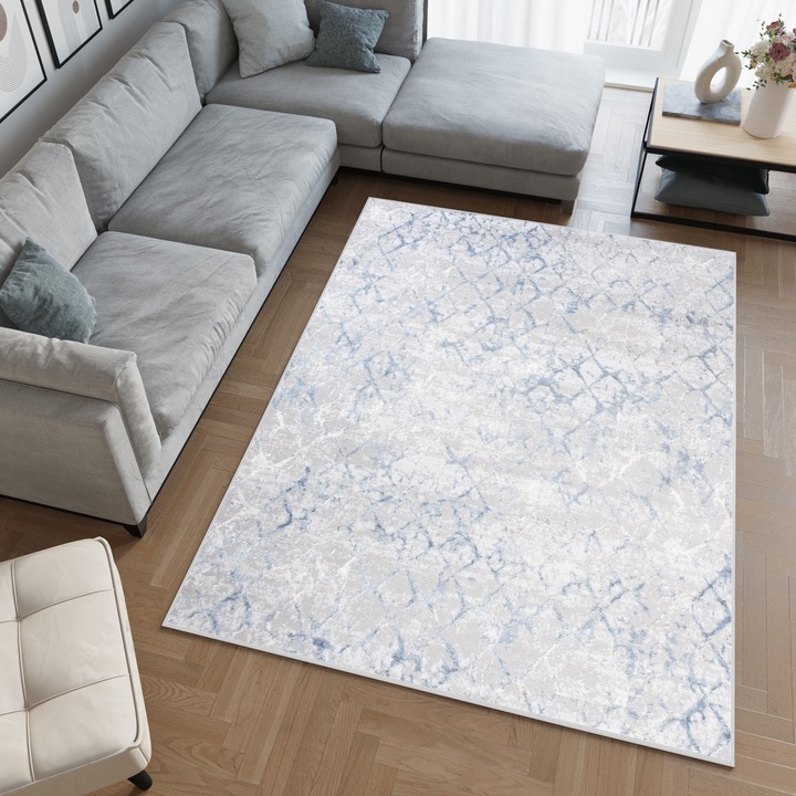 Килим, Tapiso, Sky, Vintage Style, 3D Effect, Високо качество, Стандарт 100 OEKO-TEX, 180 x 250 см, Абстрактен, Съвместим с подово отопление, Устойчивост на петна, UV устойчивост, Правоъгълник, Къса нишка, 12 мм, Полипропилен, Бежов /Бяло/Синьо