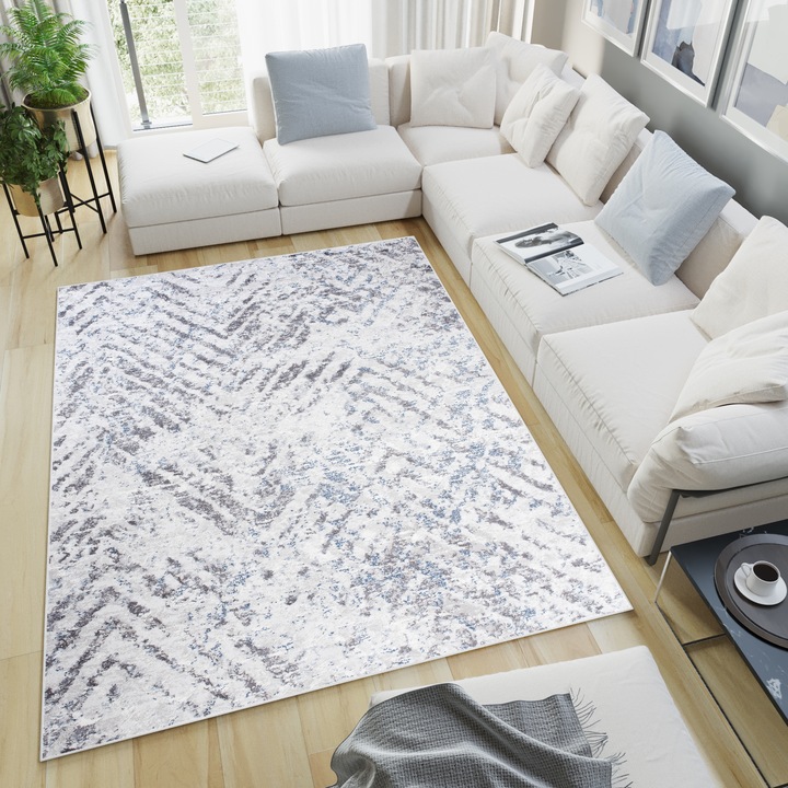 Килим, Tapiso, Небе, Винтидж стил, 3D ефект, Високо качество, Стандарт 100 OEKO-TEX, 300 x 400 см, Абстрактен, Съвместим с подово отопление, Устойчивост на петна, UV устойчивост, Правоъгълник, Къса нишка, 12 мм, Полипропилен, Тъмен Сиво/Тъмно синьо/Бяло