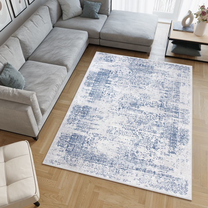 Килим, Tapiso, Небе, Винтидж стил, 3D ефект, Високо качество, Стандарт 100 OEKO-TEX, 250 x 350 см, Къса нишка, Полипропилен, Тъмно син/ Светъл Сиво/Бяло/Кремаво