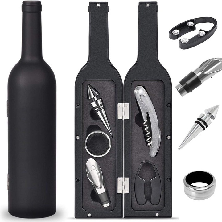 Set 5 accesorii vin, cutie in forma de sticla de vin, inox/aliaj aluminiu