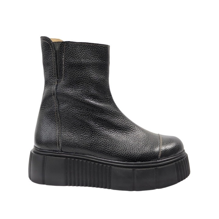 Ghete Piele Naturala cu Talpa Inalta, Elastic si Fermoar, Giulia, Negru