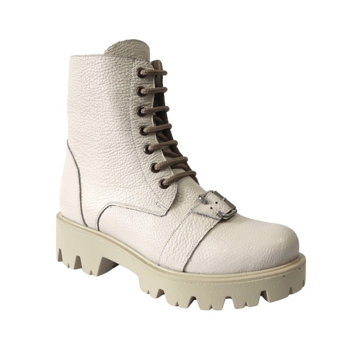 Ghete cu Talpa Groasa, cu Fermoar, Siret si Catarama, din Piele Naturala, Miruna, Bej deschis