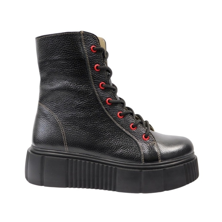 Ghete cu Platforma si Fermoar, cu Siret si Capse, Giulia, Piele Naturala, Negru Leather