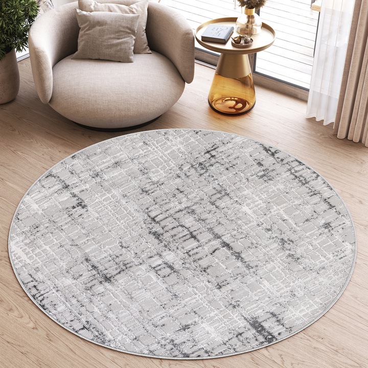 Килим, Tapiso, Sky Round, 240 x 240 cm, Vintage Style, Двустепенна структура, 3D ефект, Съвместим с подово отопление, Устойчив на петна, Къс косъм 12 mm, Кръгъл, Абстрактен, Полипропилен, Тъмносив/черен