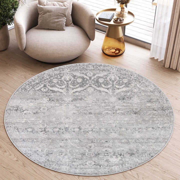 Килим, Tapiso, Небесен кръг, 80 x 80 см, Винтидж стил, Двустепенна структура, 3D ефект, Къса нишка 12 мм, Кръгъл, Абстрактен, Полипропилен, Светло сив/бежов