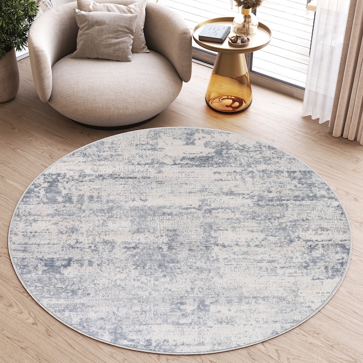 Covor, Tapiso, Sky Round, 120 x 120 cm, Stil Vintage, Structura In Doua Trepte, Efect 3D, Compatibil incalzire in pardoseala, Rezistenta la pete, Fir scurt 12 mm, Rotund, Abstract, Polipropilena, Albastru deschis/Crem