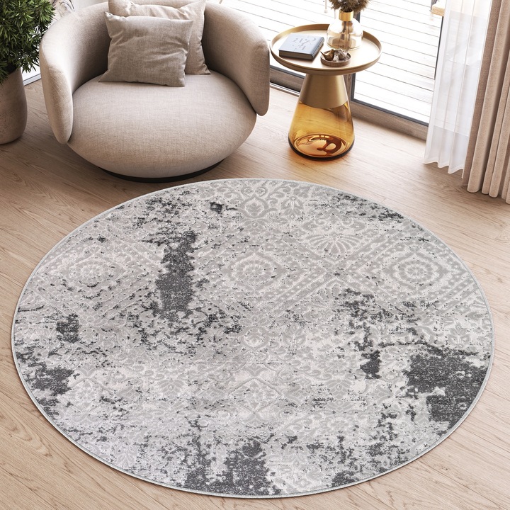 Covor, Tapiso, Sky Round, 240 x 240 cm, Stil Vintage, Structura In Doua Trepte, Efect 3D, Compatibil incalzire in pardoseala, Rezistenta la pete, Fir scurt 12 mm, Rotund, Abstract, Polipropilena, Negru/Bej
