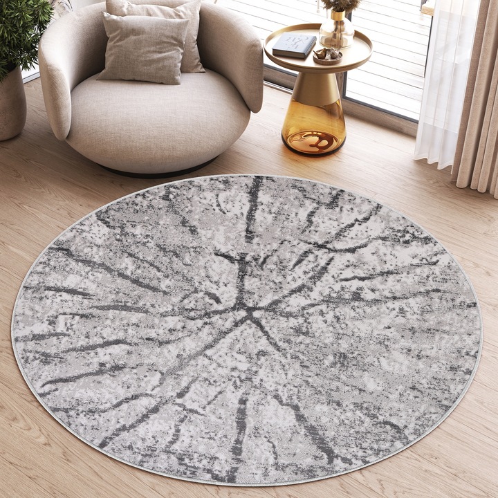 Килим, Tapiso, Sky Round, 100 x 100 cm, Vintage Style, Two-Step Structure, 3D Effect, Underfloor Heating Compatible, Stain Resistant, Short Pile 12 mm, Round, Abstract, Polypropylene, Black/Beige/Grey