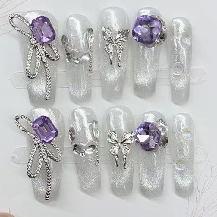 Set 10 Unghii False Balerina, Violet-Alb, Material Acrilic, Lungime Practica