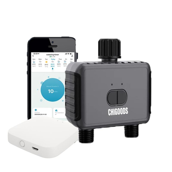 Програматор за поливане, CHIGOODS, 2 изхода, Gateway, Tuya Smart Life, Bluetooth, интелигентност, LED, IP55, съвместим Amazon Alexa/Google Assistant, черен