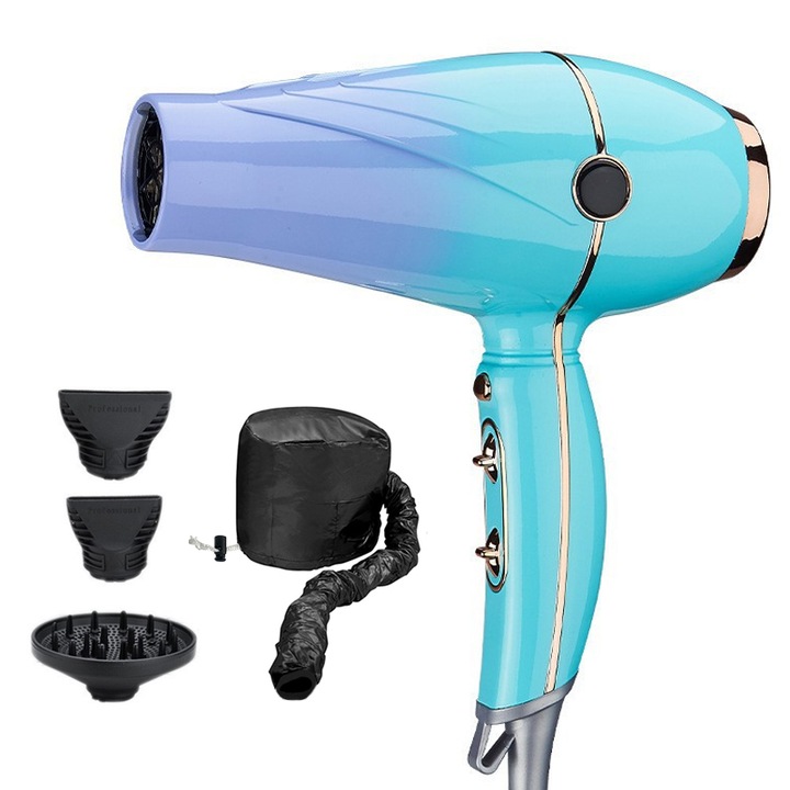 Сешоар Tebnaild, 1500W, контрол на температурата, 6 скорости, син, с дозатор