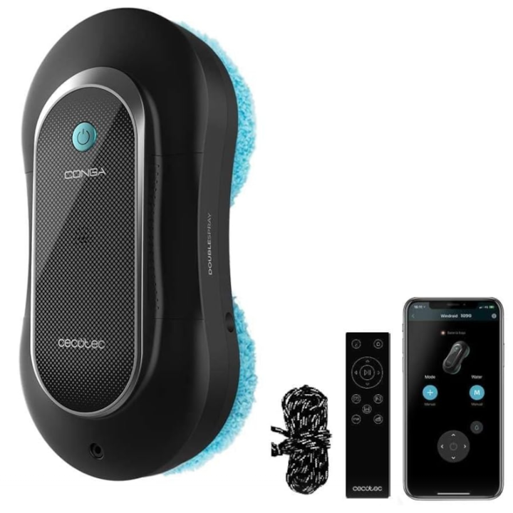 Уред за почистване на прозорци Cecotec Windroid 1090 Double Spray, Smart A01_EU01_100140, 3 в 1, Контрол с приложение, Дистанционно управление, Включени 12 мопа, Черен