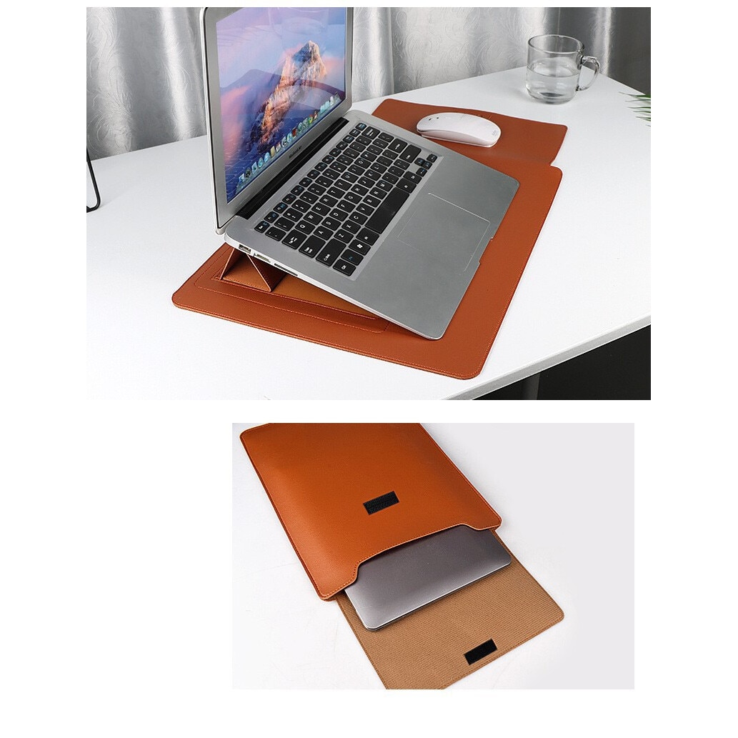 Geanta laptop, 13.3 inch, piele ecologica, cu suport, maro