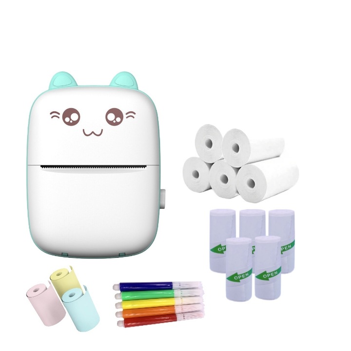 Imprimanta termica portabila, Mini Sticker Printer, Bluetooth, 10 role hartie termica, multicolor, 82x82x45mm