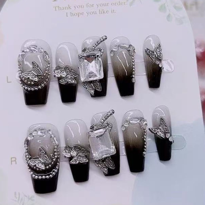 Set 10 Unghii False Balerina, Negru/Alb/Argintiu, Material Acrilic, Lungime Practica