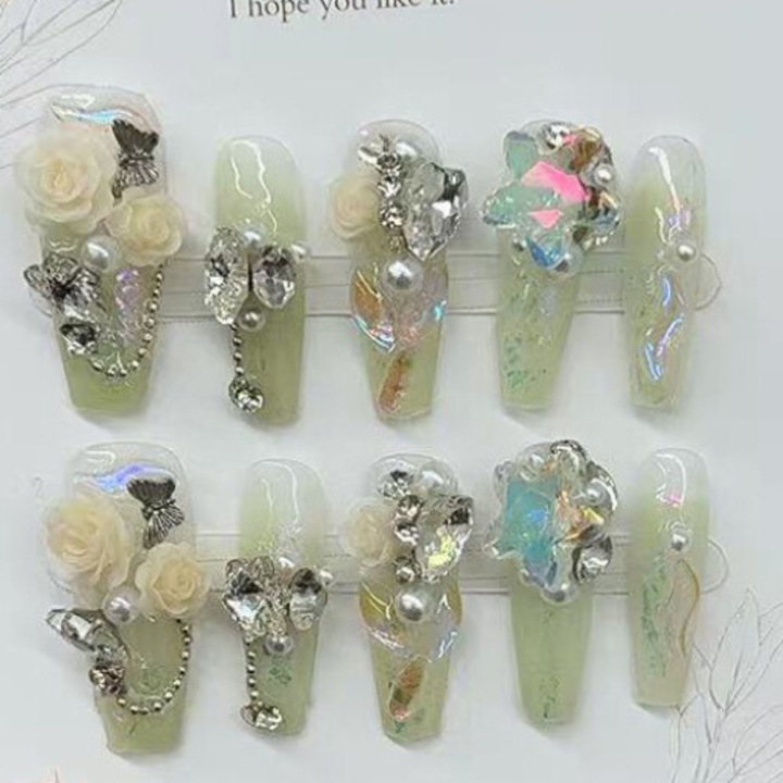 Set 10 Unghii False Balerina, Verde/Roz/Argintiu, Material Acrilic, Lungime Practica