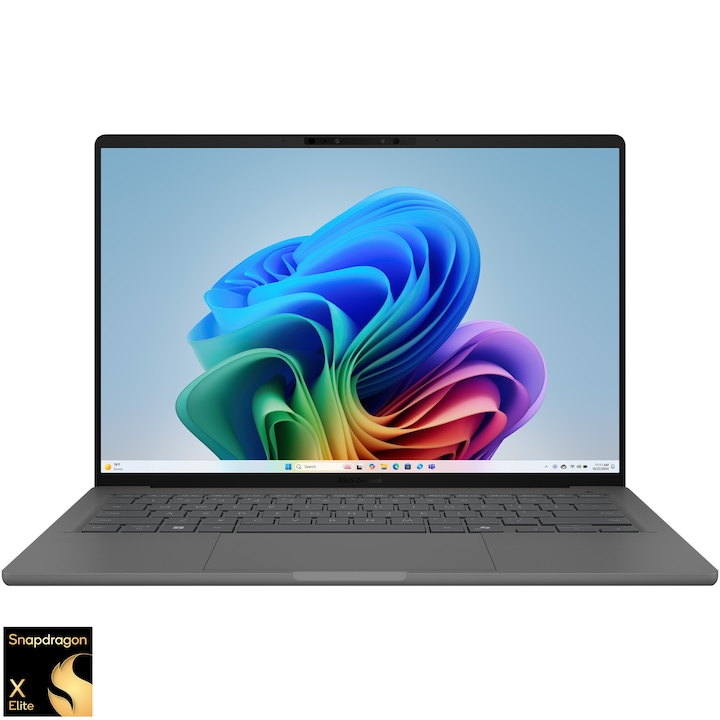 Laptop ASUS Zenbook A14 UX3407RA cu procesor Snapdragon® X Elite X1E 78 100 pana la 3.4GHz, 14''. WUXGA, OLED, 32GB LPDDR5X RAM, 1TB SSD, Qualcomm® Adreno™ GPU, Windows 11 Pro, Iceland Gray