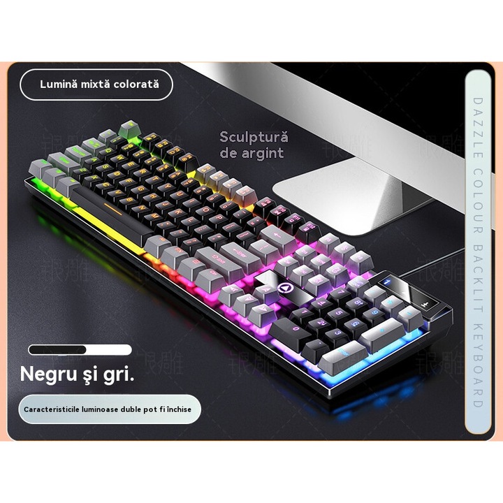 Tastatura gaming cu fir, iluminare LED, neagra, 104 taste, 435x120x17mm