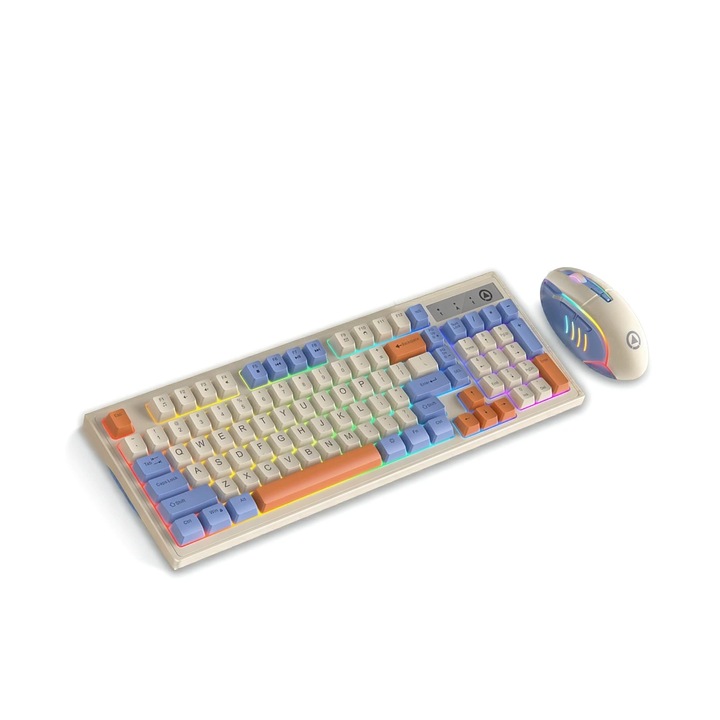 Tastatura pentru gaming cu fir, iluminata LED, neagra, 104 taste, set cu mouse