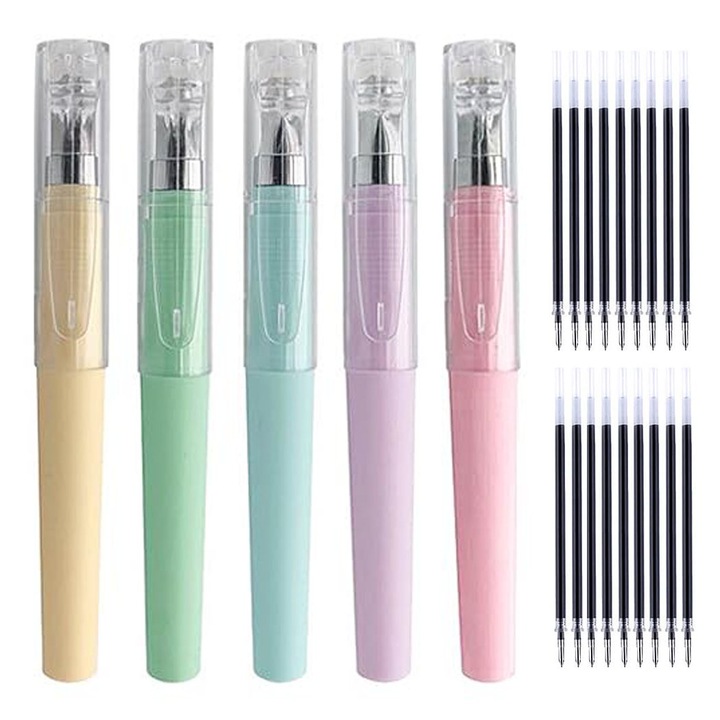 Set pixuri cu bila, 5 bucati, 20 rezerve cerneala neagra, dimensiune compacta