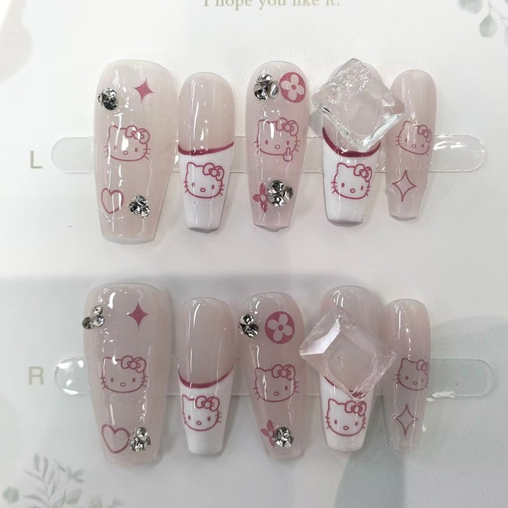 Set 10 Unghii False Balerina, roz, alb, argintiu, lungi