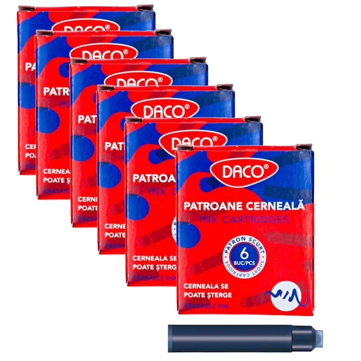 Set 6 cutiute Rezerve cerneala pentru stilou Daco, 6 buc/cutie, albastre