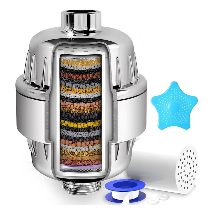 Filtru de apa pentru dus cu 20 de etape de filtrare, elimina impuritatile, clorul, metalele si mirosurile neplacute, hidrateaza si revitalizeaza, compatibil cu dusuri standard
