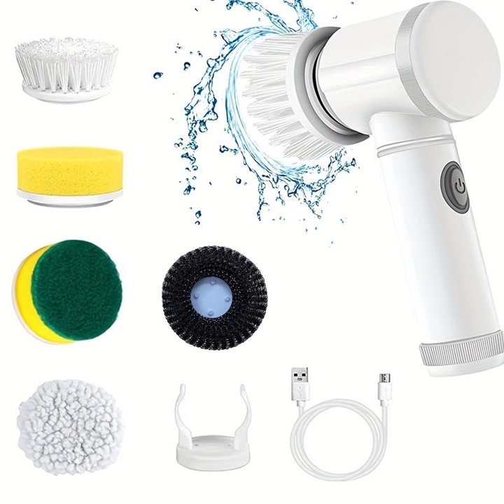 Elektromos tisztítókefe, 5 cserélhető fej, fehér/szürke, ABS/nylon